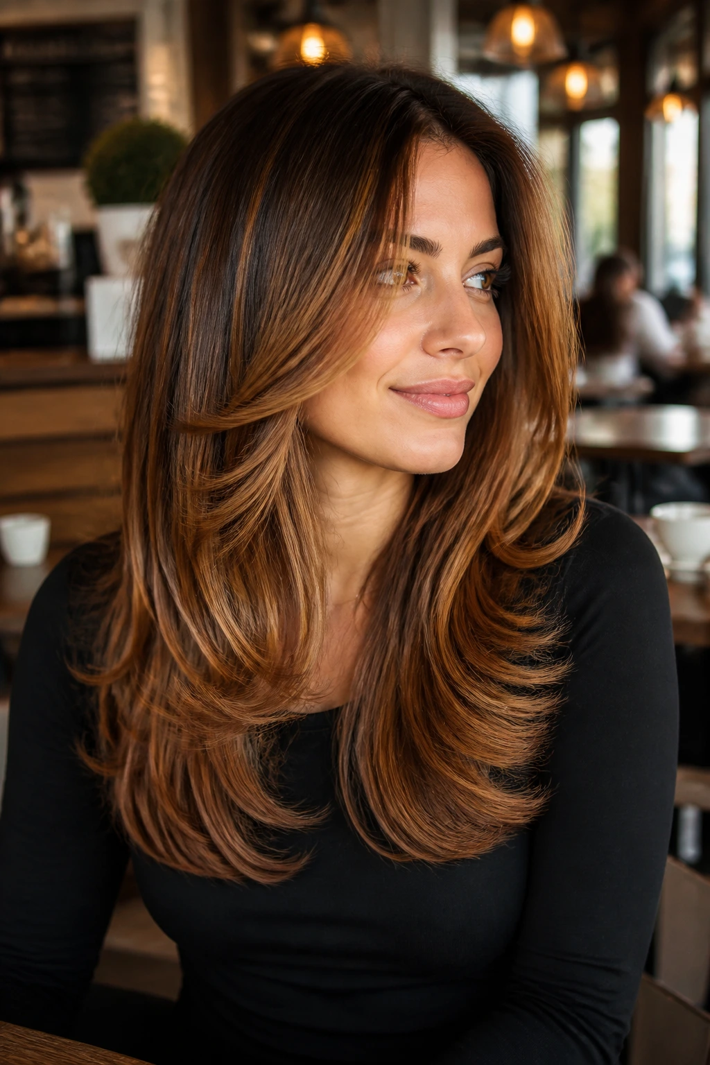 Portrait of a real woman with layered blowout and flipped ends