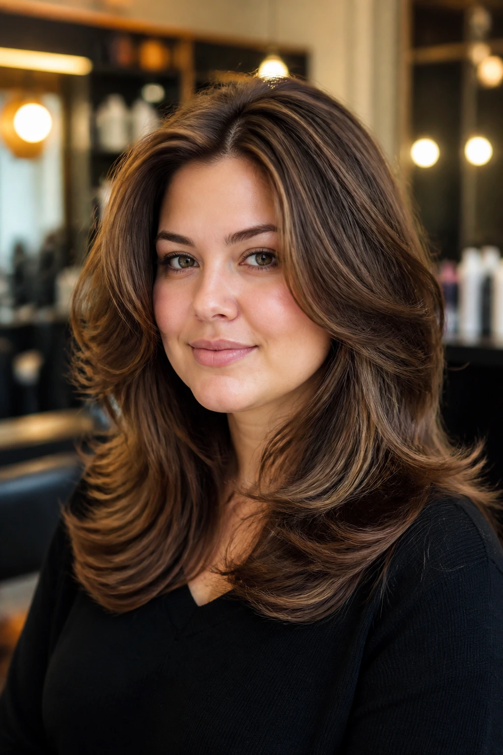 Real woman with layered blowout, roots lifted and ends flipped