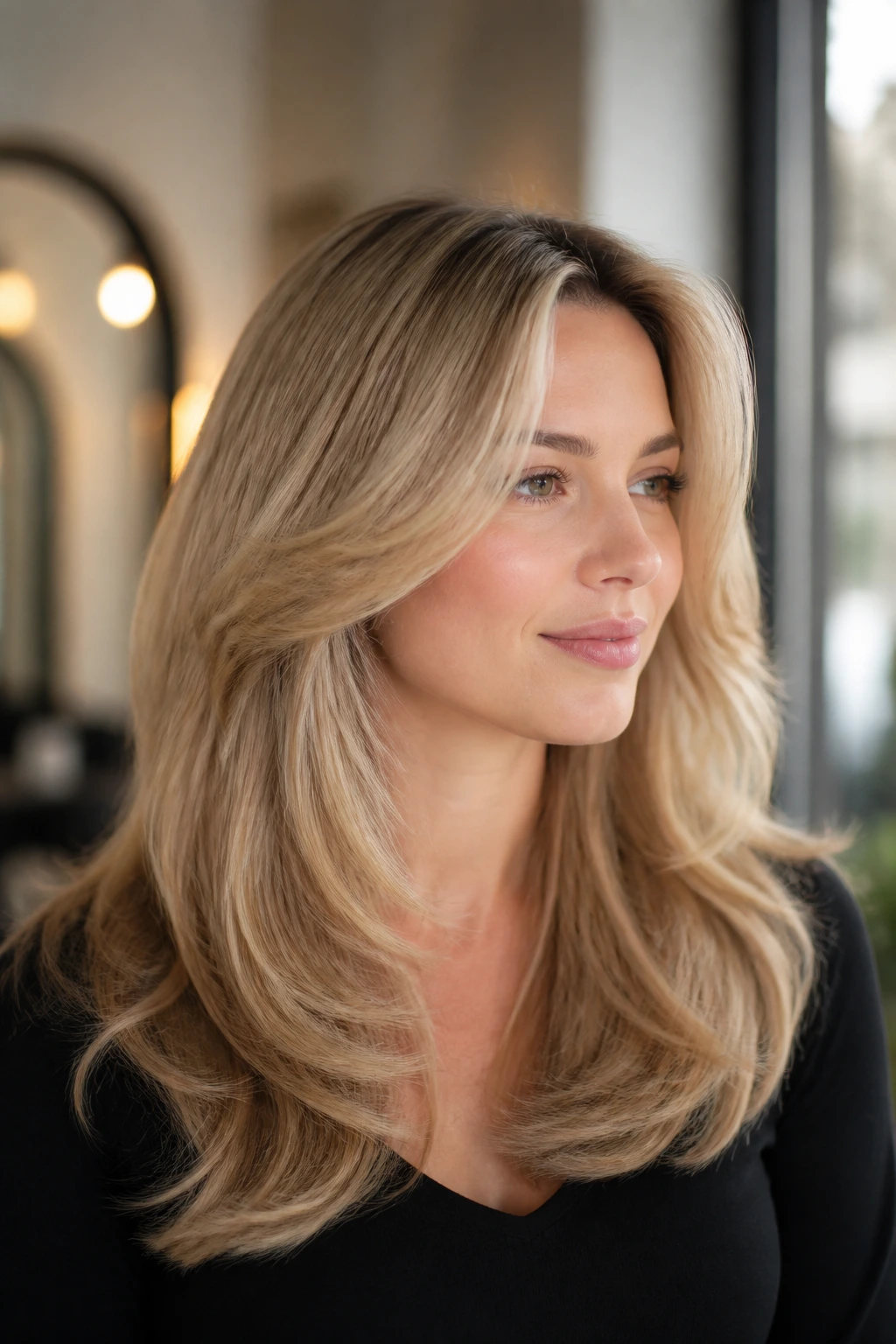 Close-up of a real woman with layered blowout and honey beige dimension