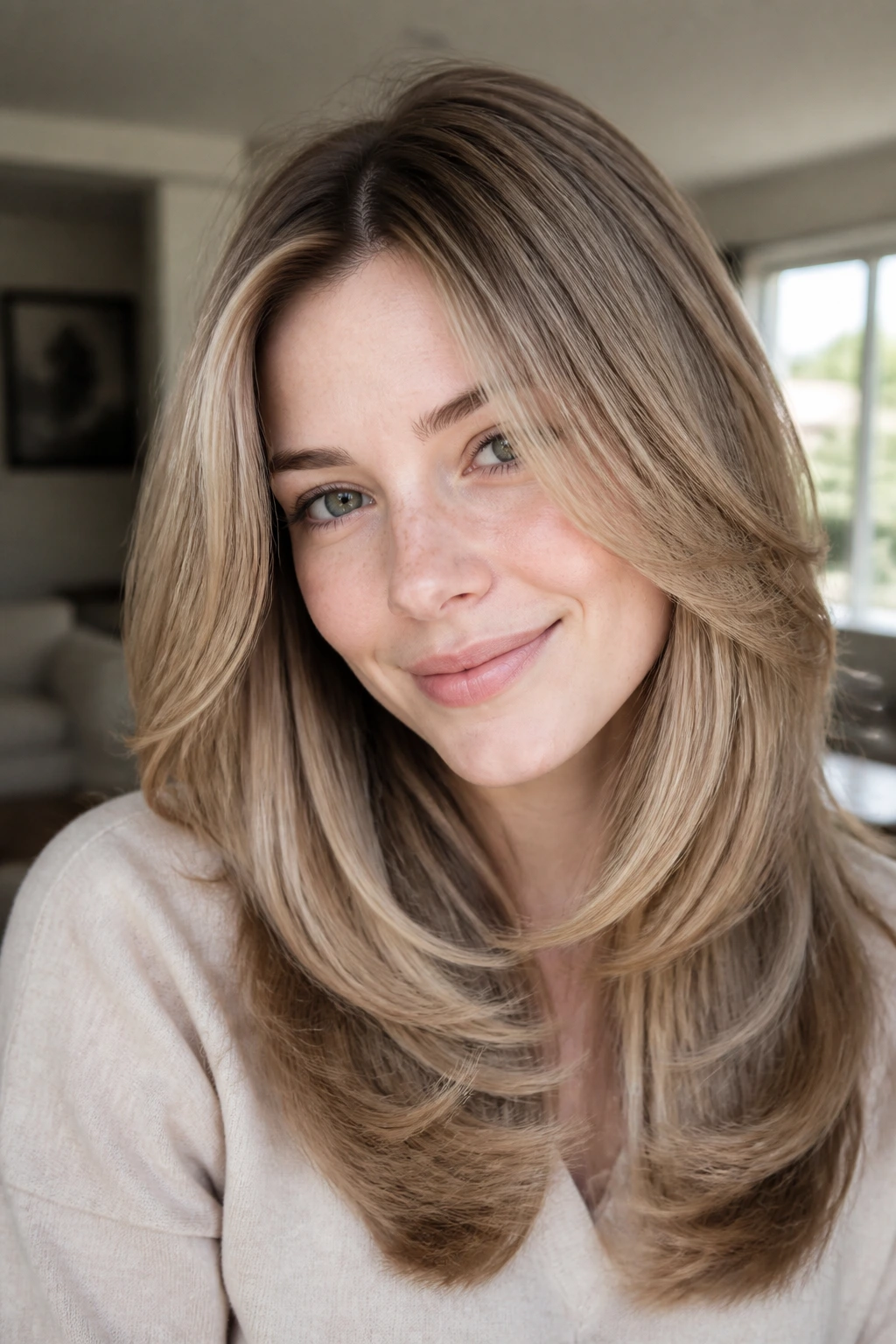 Close-up of a woman with layered blowout and internal layers