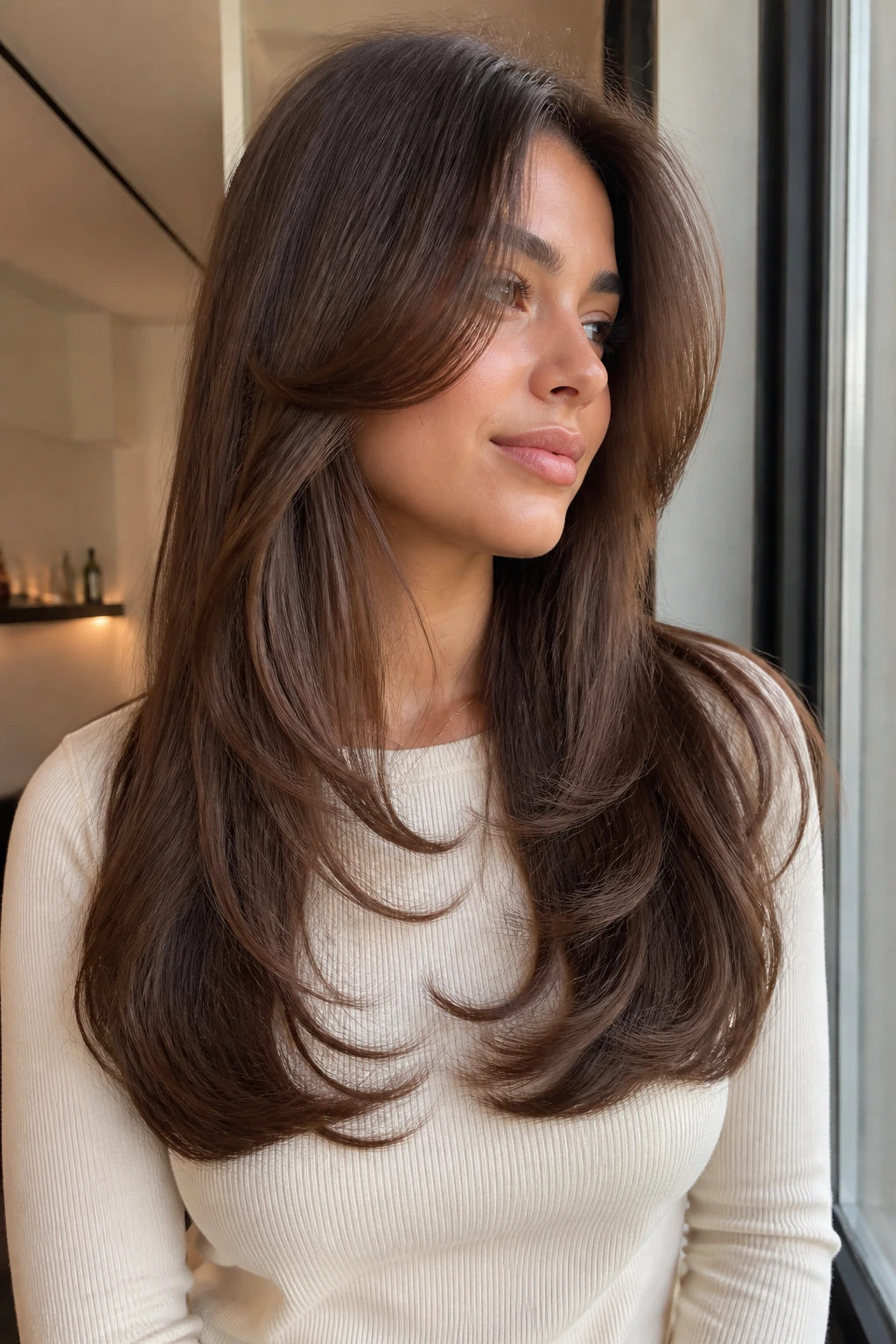 Portrait of real woman with layered blowout showing flip at ends