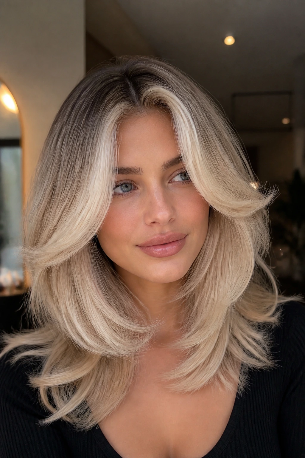 Real woman with layered blowout and shadow root