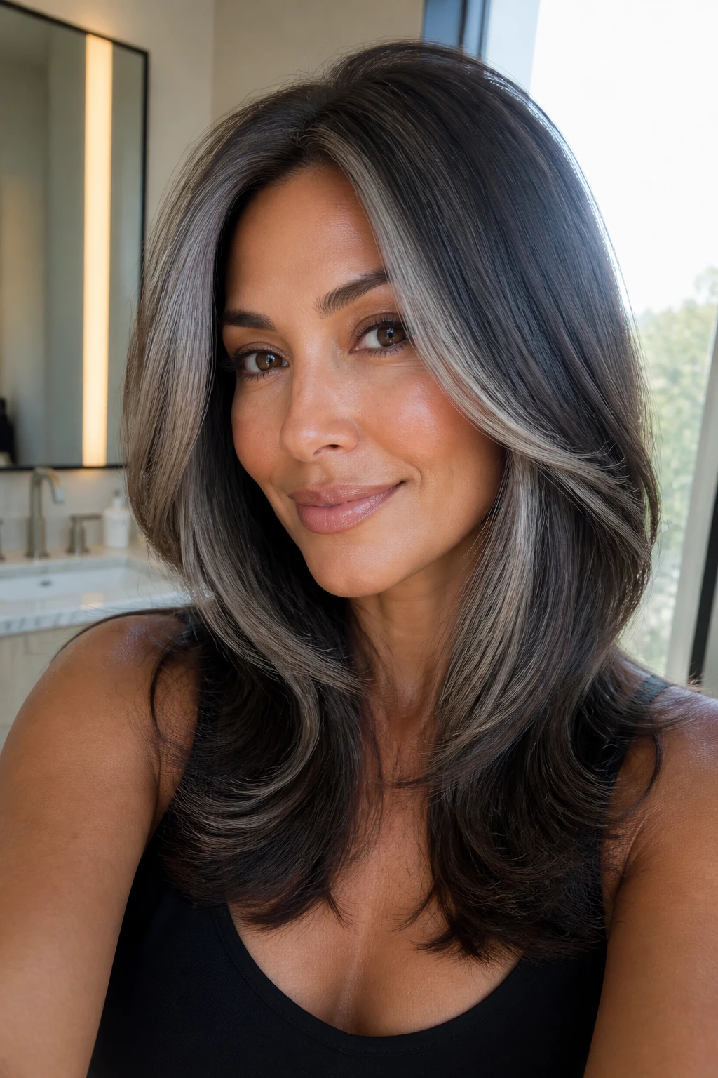 Close-up of a real person with layered blowout and slate face-frame around the cheeks