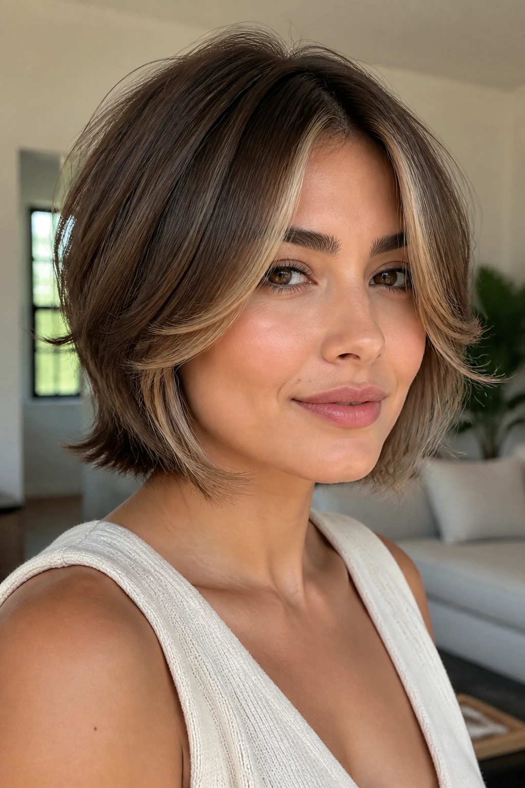 Portrait of a real woman with layered bob, airy ends and feathered money piece