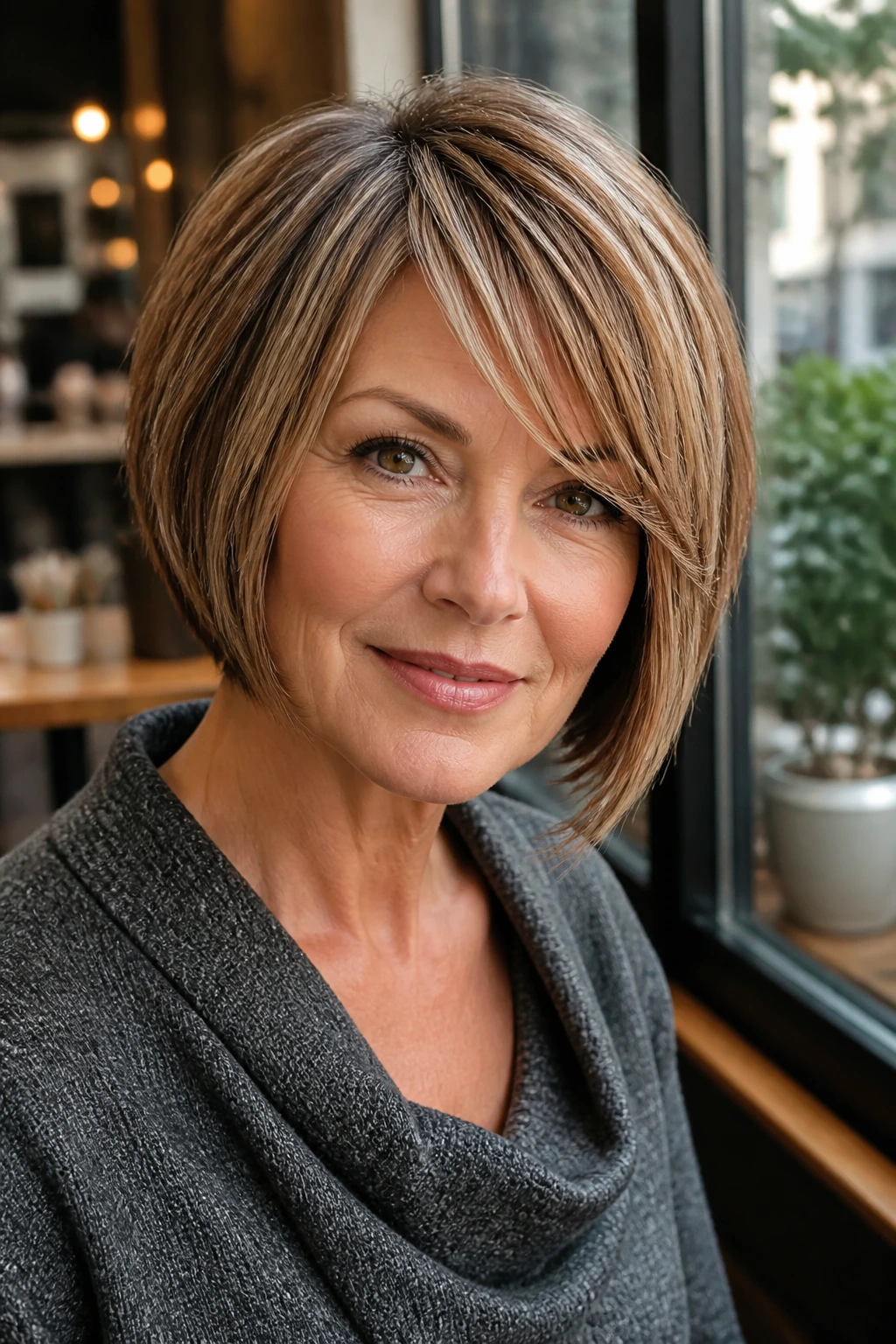 Close-up of a real woman with a layered bob and side-swept bangs