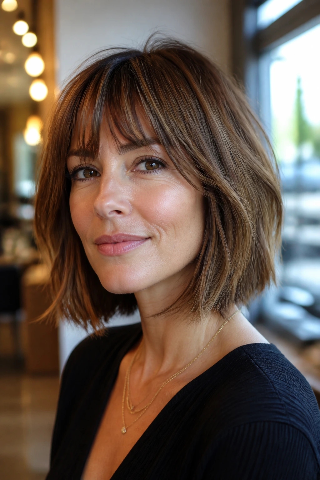 Portrait of a real woman with layered bob and bangs balancing a long face