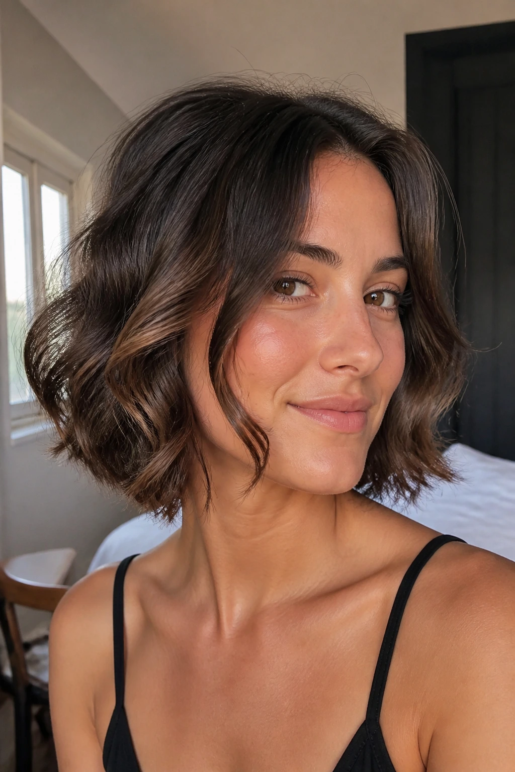 Layered bob with bendy ends hairstyle on real woman, close-up portrait
