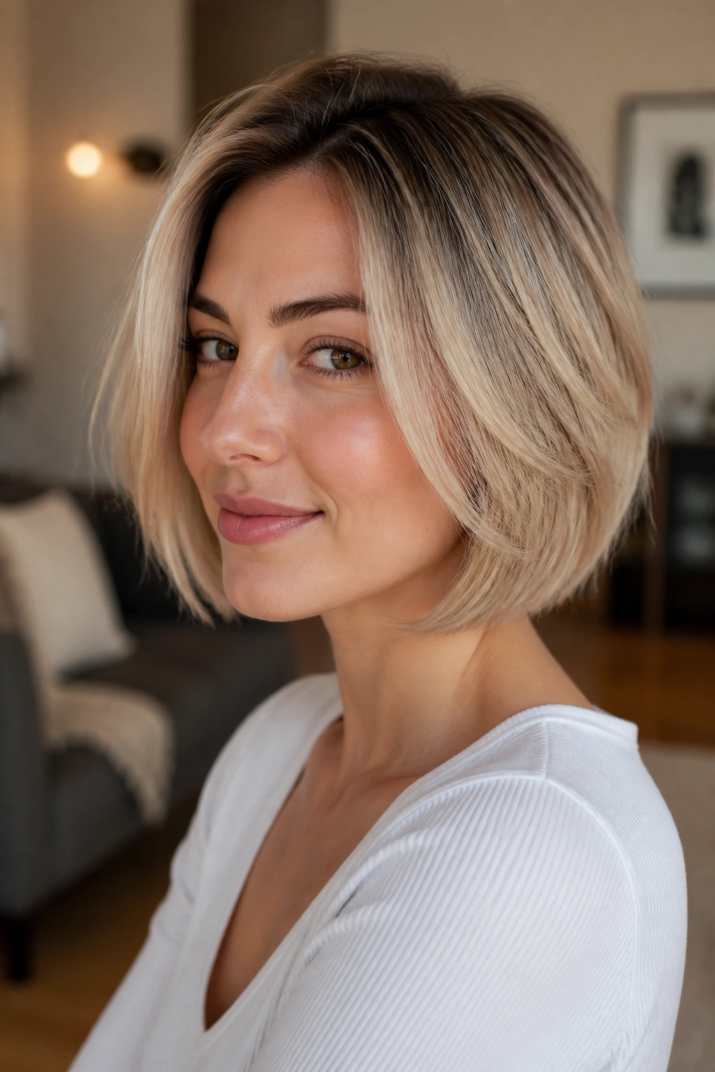 Close-up of a real woman with layered jaw-length blonde bob and root shadow