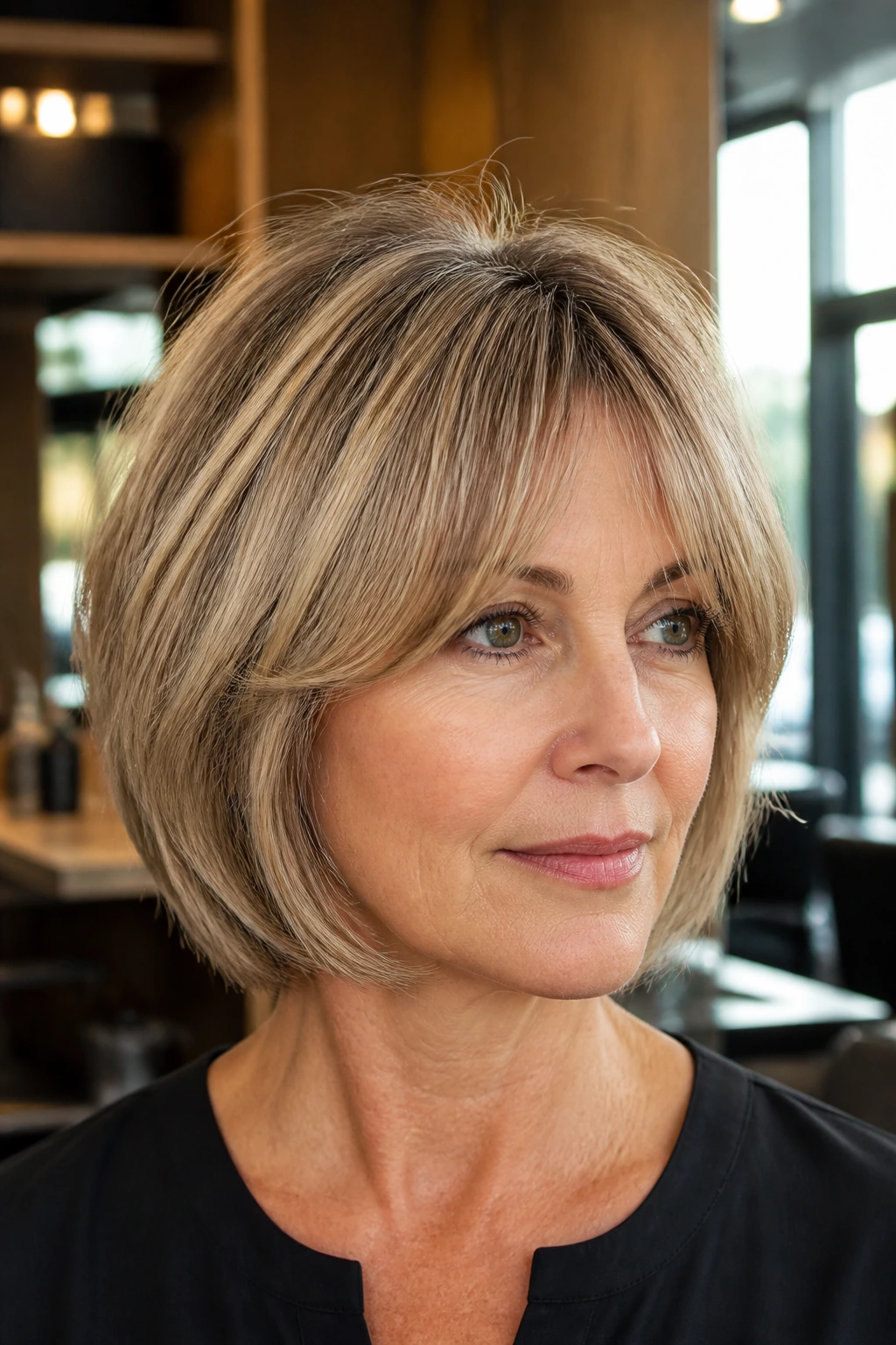 Close-up portrait of a real woman with layered bob and bottleneck bangs in a warm salon setting