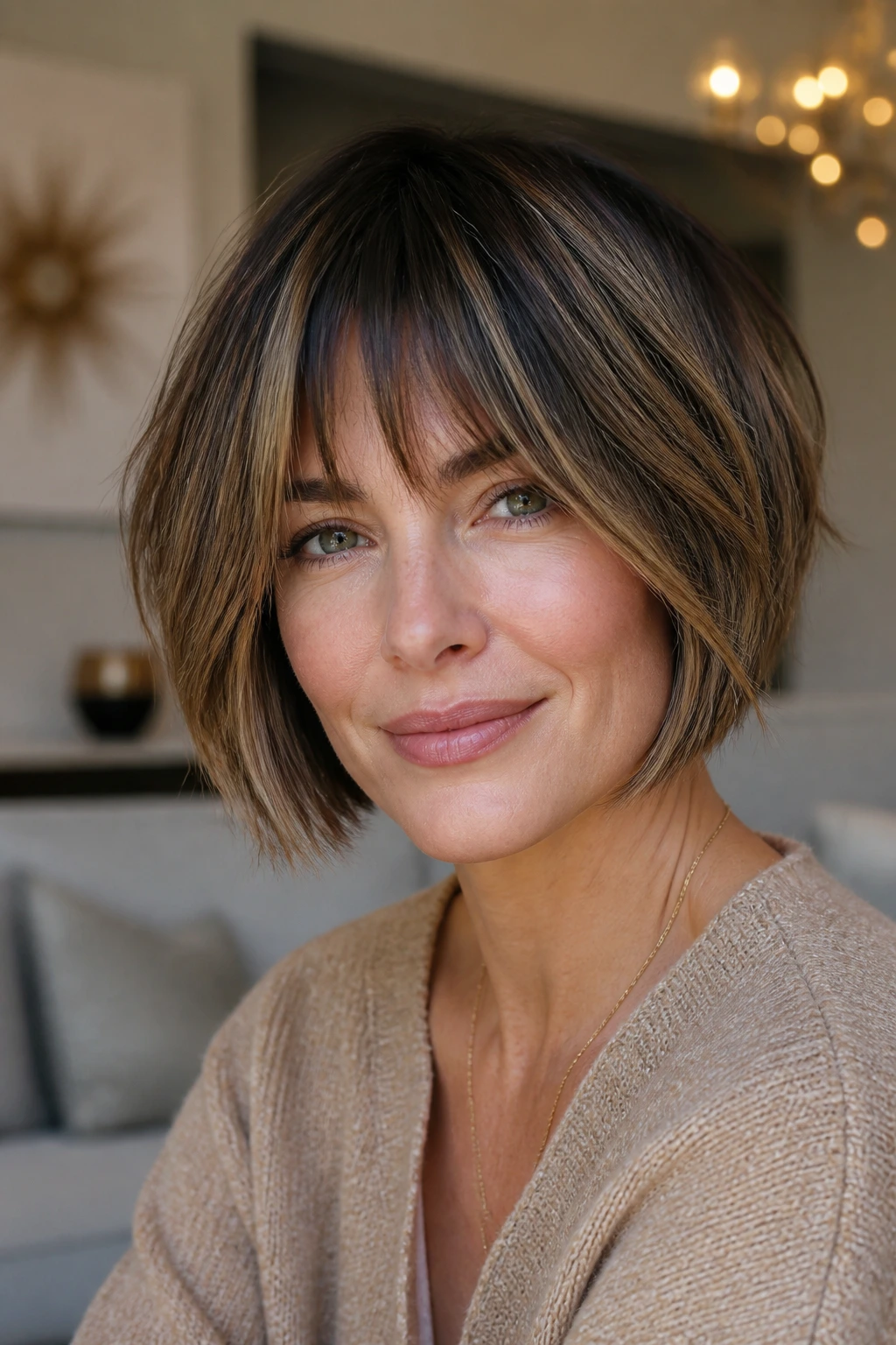 Portrait of woman with layered bob and bottleneck bangs in warm home setting