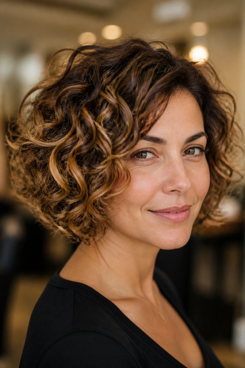Close-up of a woman with a rounded layered curly bob and caramel highlights on outer curls.