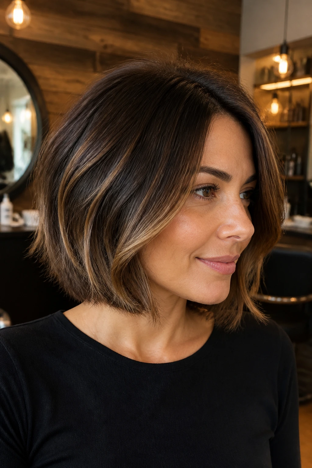 Close-up of real woman with layered bob and caramel flickers in warm salon lighting