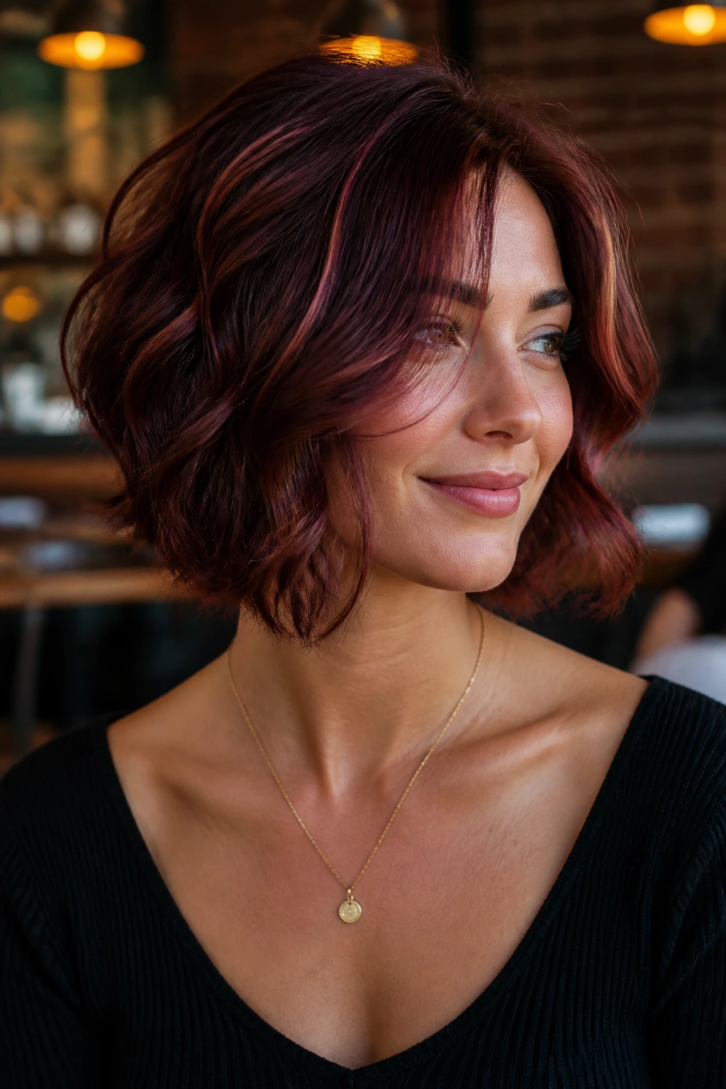 Close-up of a real woman's layered bob with cherry cola shine