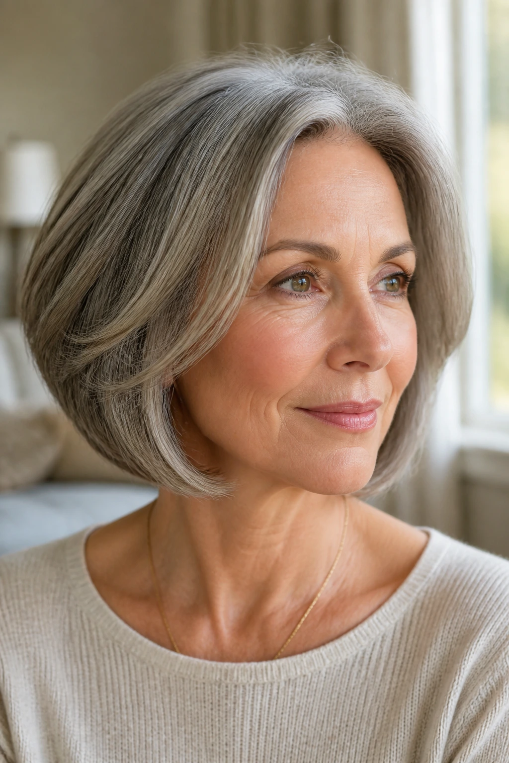 Close-up portrait of a real woman with layered chin-length bob showing movement