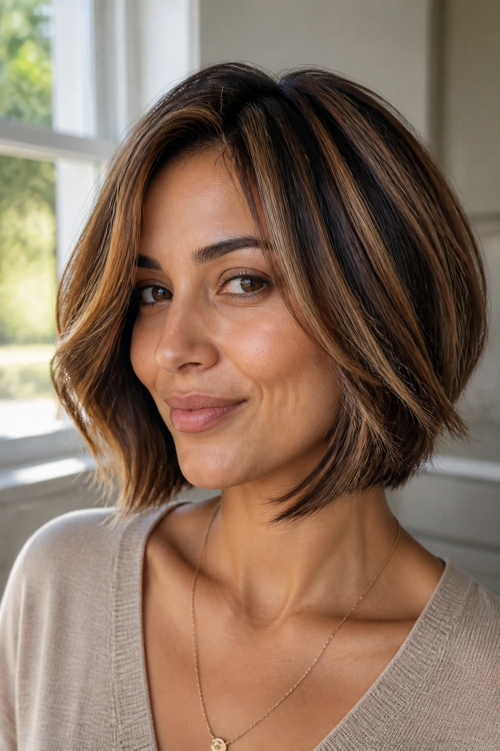 Close-up of a real person with cocoa and honey dimension on a layered bob