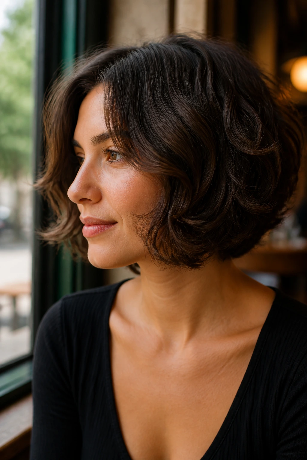 Layered bob with curled-in face pieces framing the jawline on a real person.