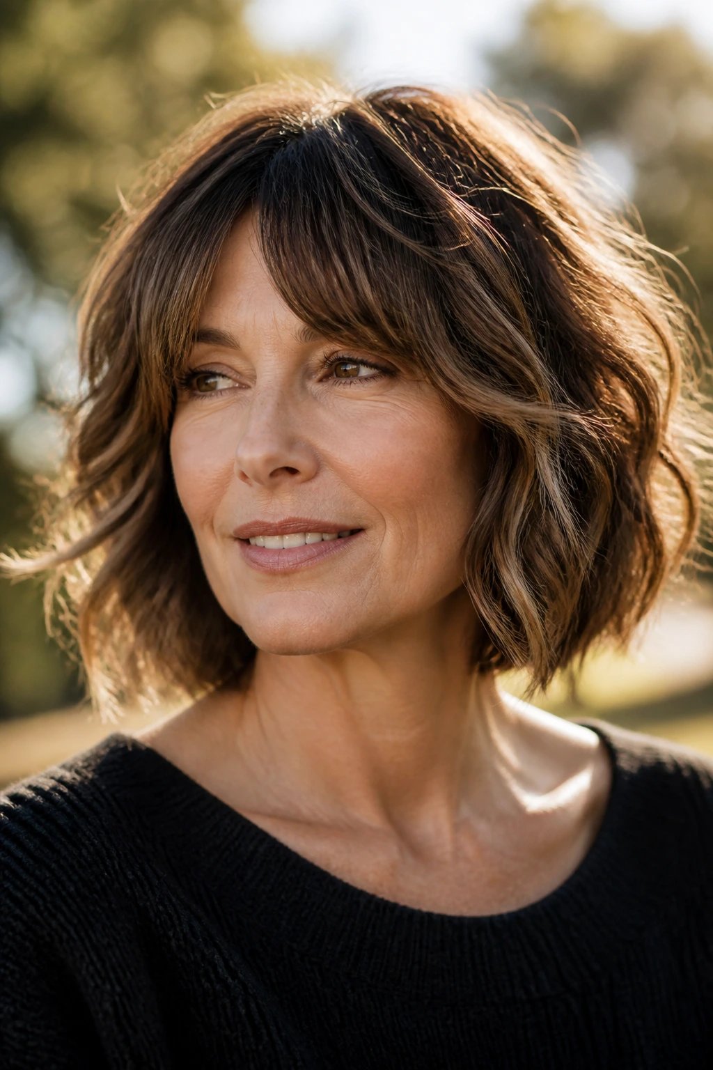 Outdoor portrait of a woman with layered wavy bob and curtain bangs moving in breeze