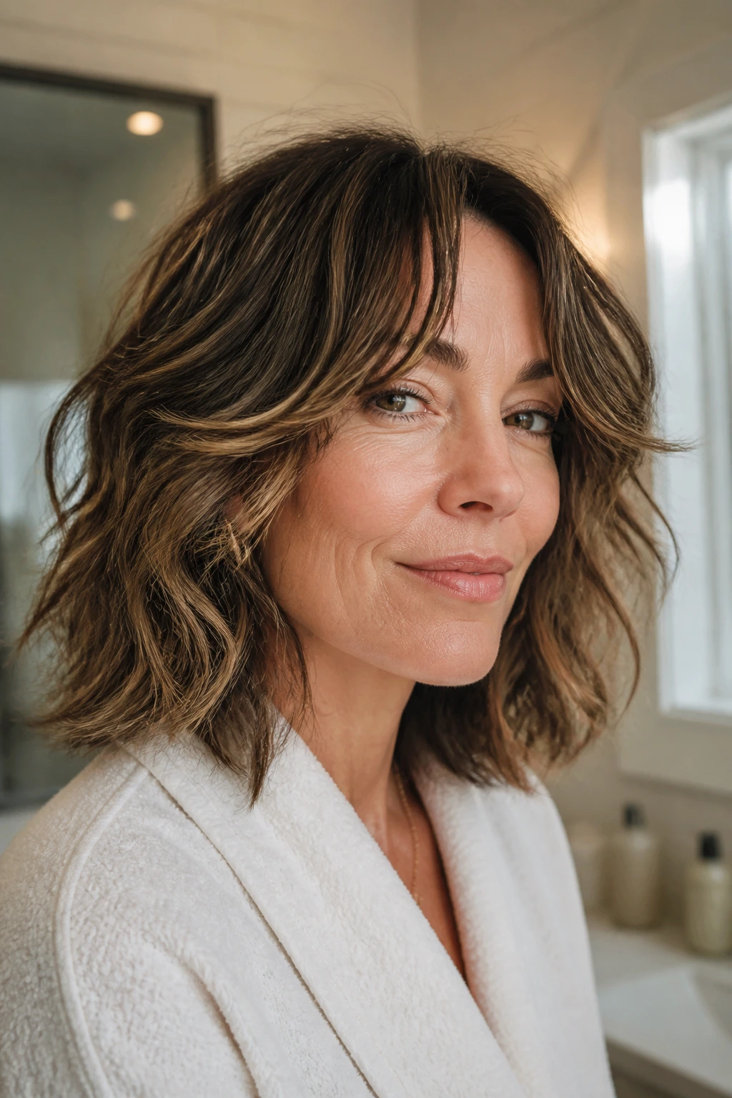 Close-up of a real woman with layered wavy bob and curtain bangs in warm bathroom light