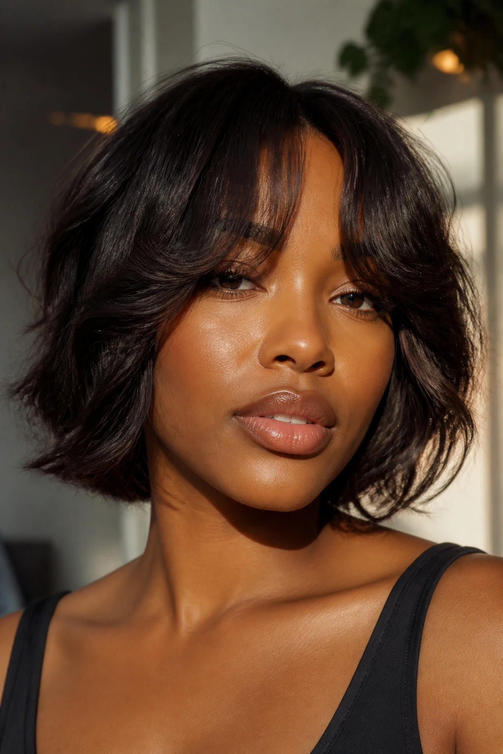 Close-up of real Black woman with layered bob and curtain bangs under warm window light