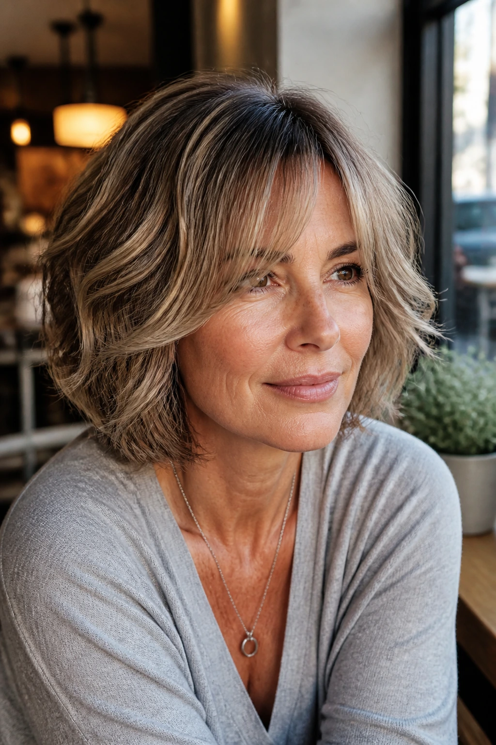 Portrait of a woman with layered bob and curtain bangs