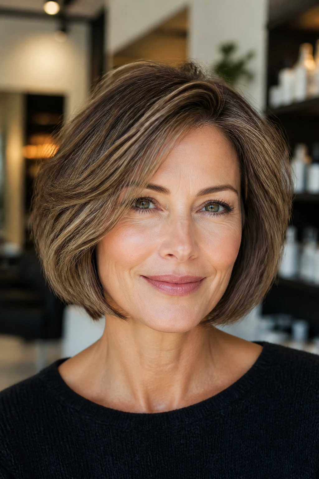 Real woman with layered bob showing internal layers to reduce bulk