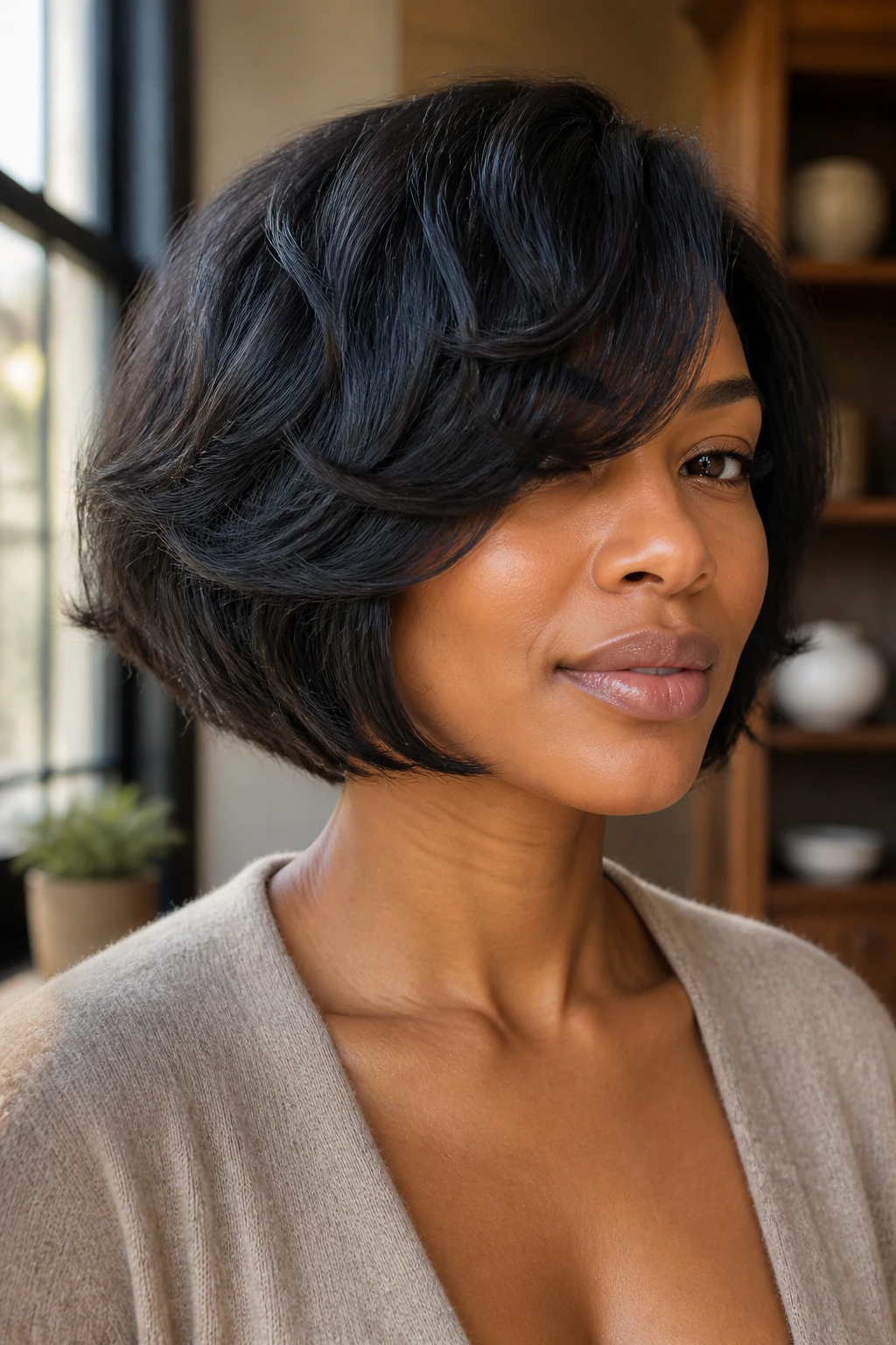 Close-up of real woman with layered bob for dense hair