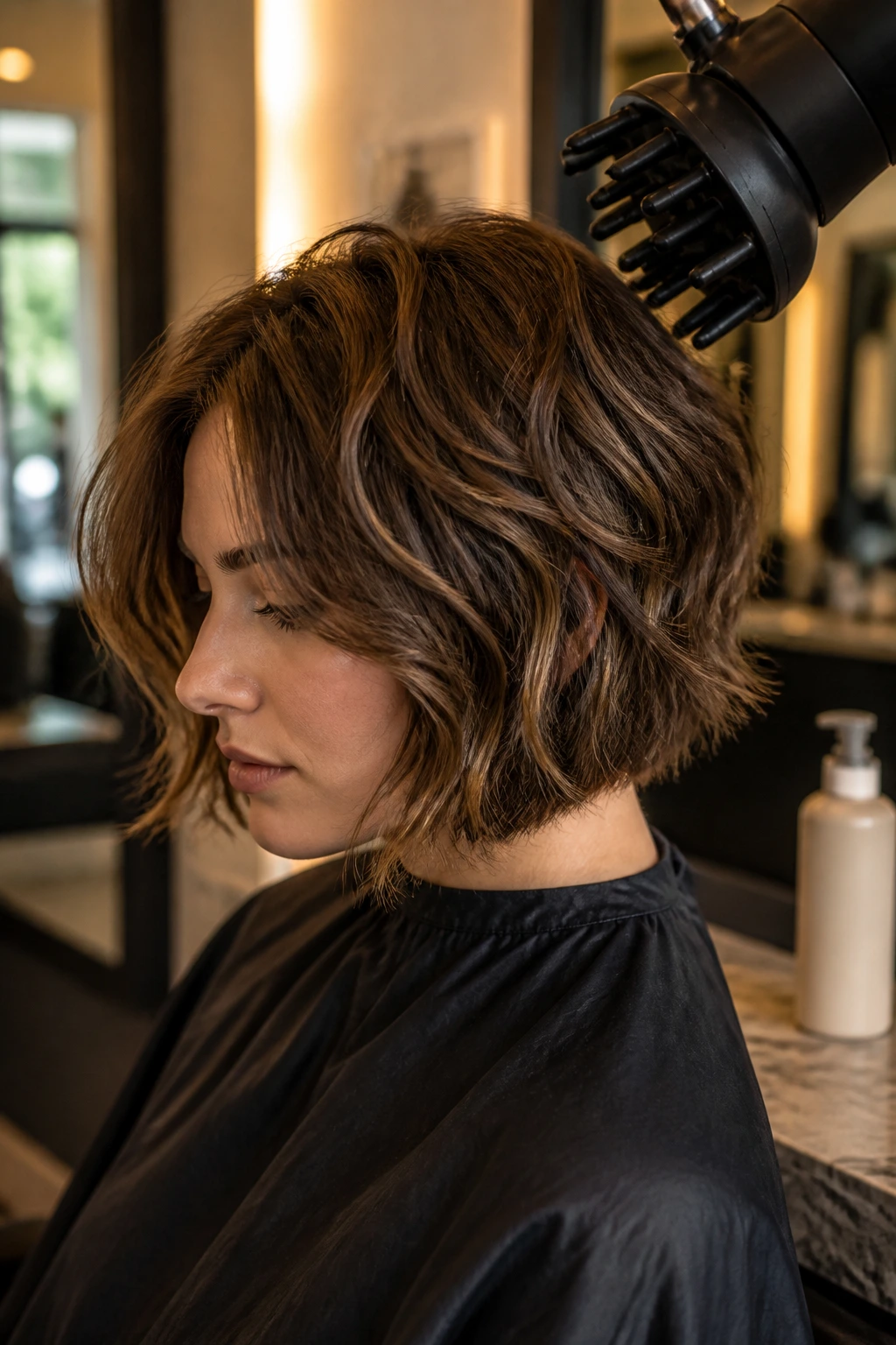 Portrait of person with layered bob and diffuser near crown