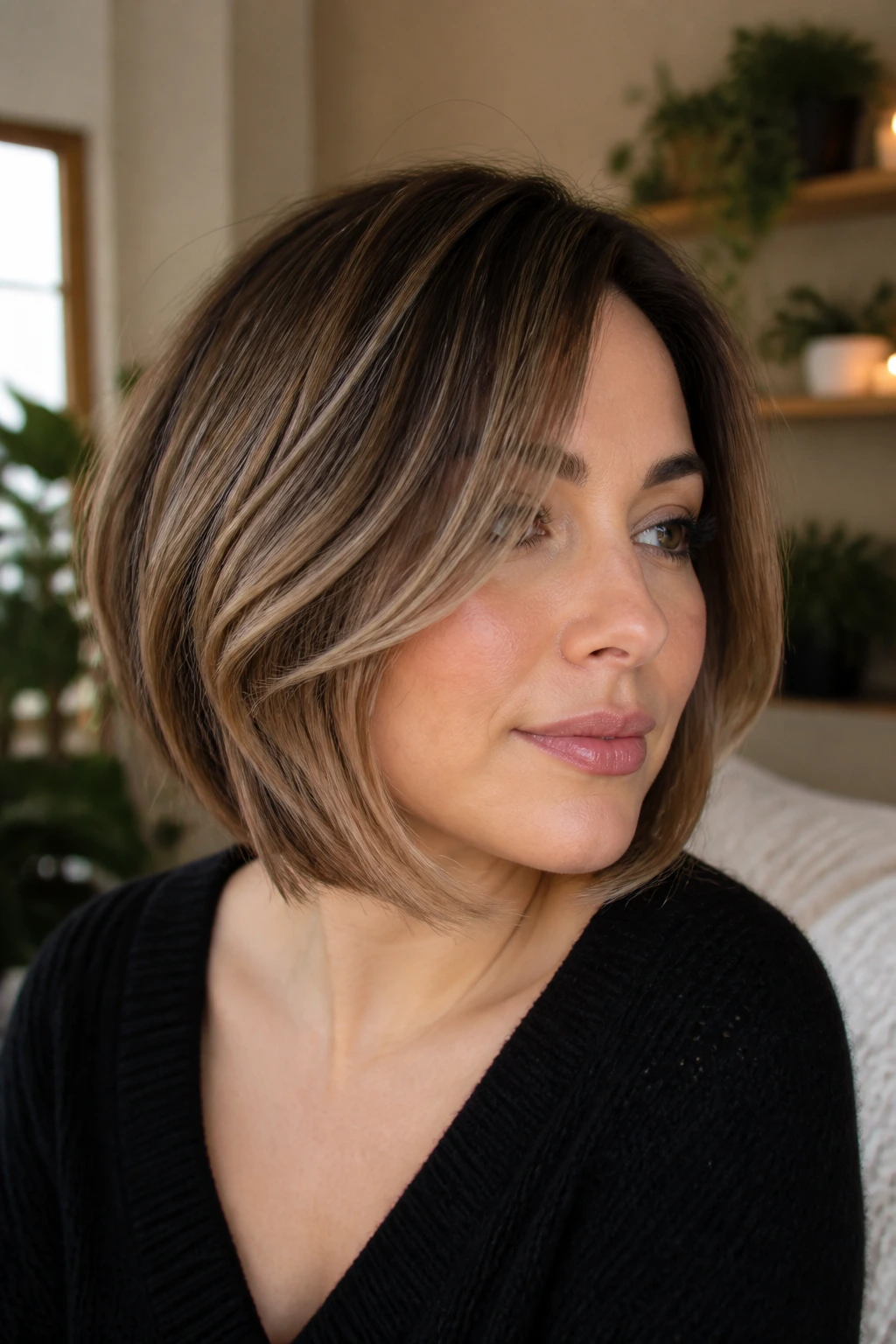 Portrait of a woman with face-framing layered bob showing cheekbone-led layers