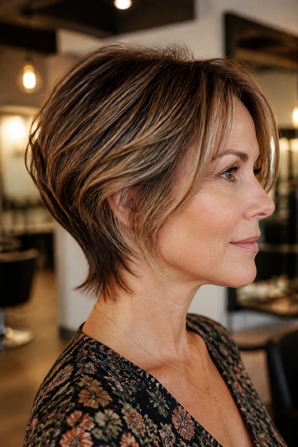 Real woman with layered bob and feathered nape in a salon