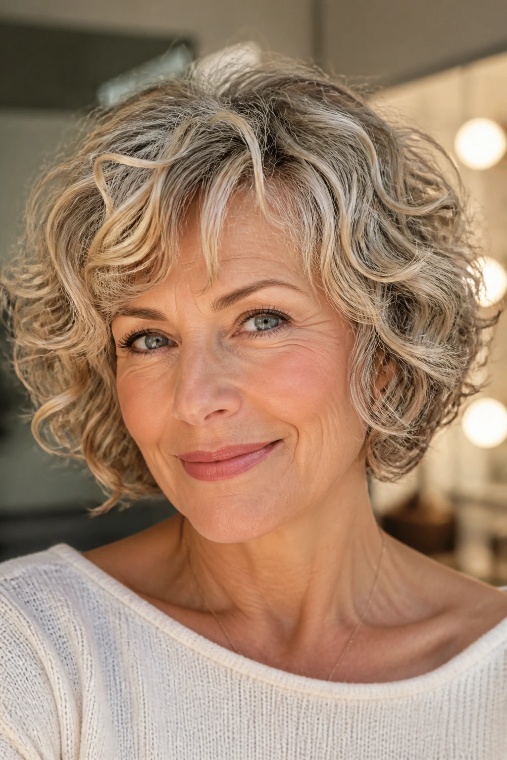 Close-up of a real woman with layered bob and fine curls