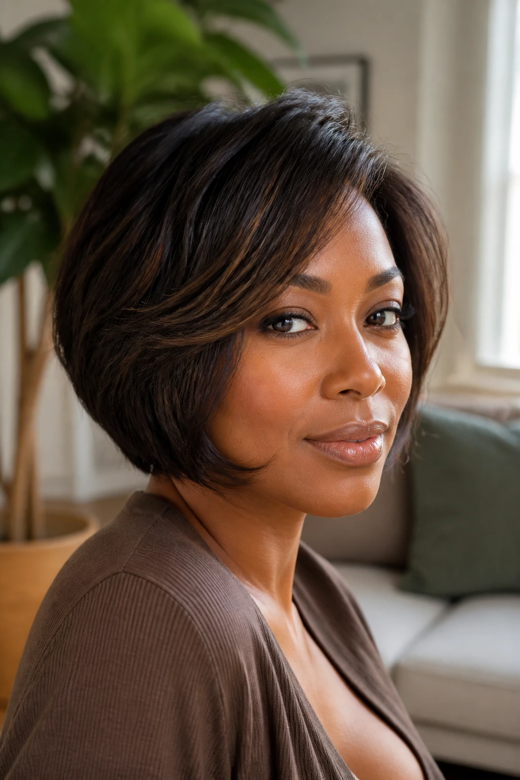Close-up of a real Black woman with a layered bob showing perimeter and crown lift.