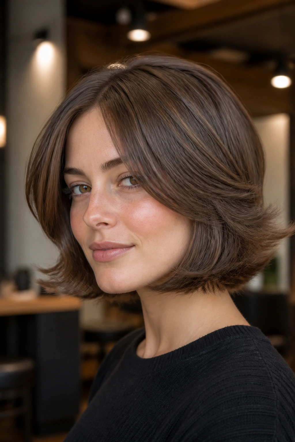 Close-up of a real person with layered bob and flip-out ends