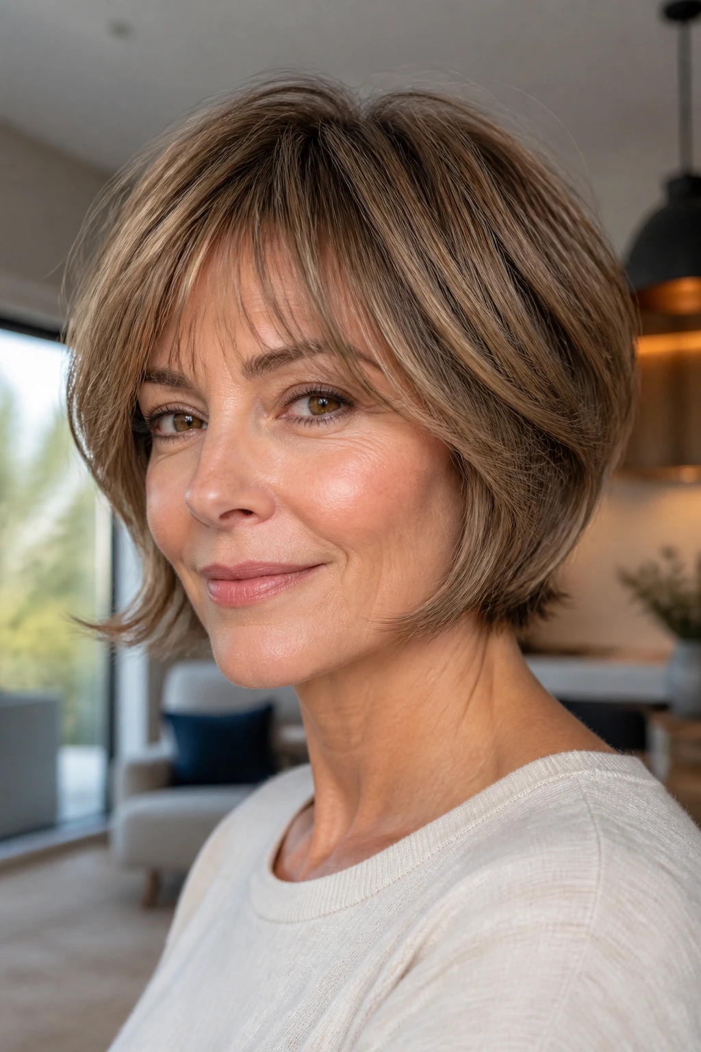 Close-up of a real woman with layered bob and floating fringe