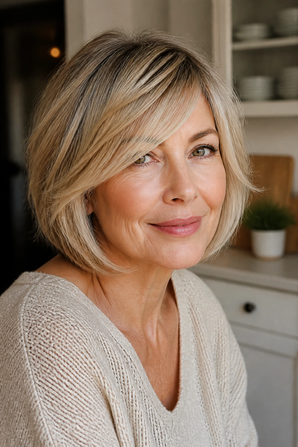 Close-up portrait of a real woman with layered bob and side-swept fringe