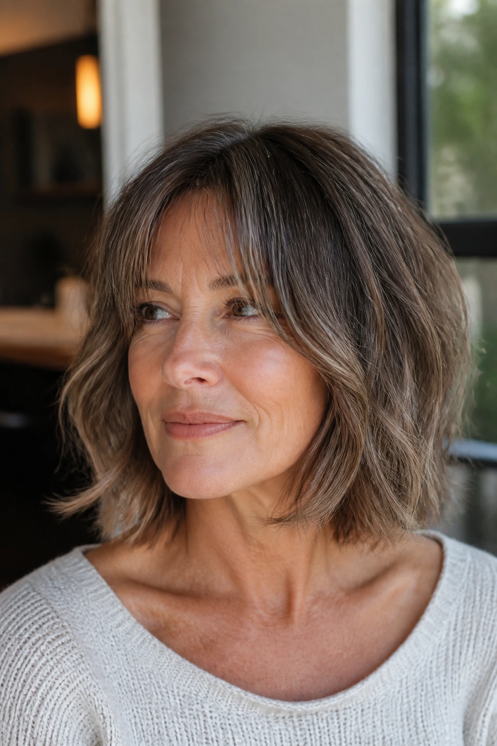 Close-up portrait of a real woman with a layered bob and grown-out bangs.