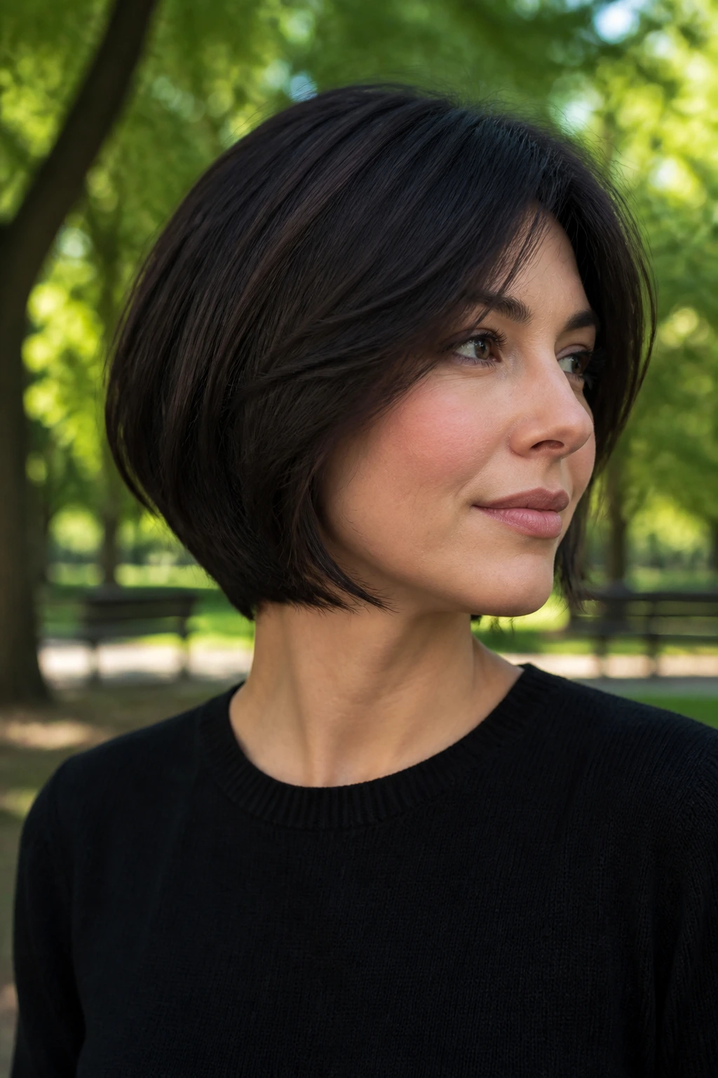 Portrait of real woman with layered bob showing invisible texture in soft morning park light