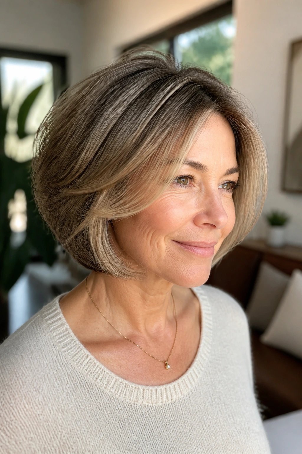 Portrait of a woman with a bouncy layered bob and micro-babylights