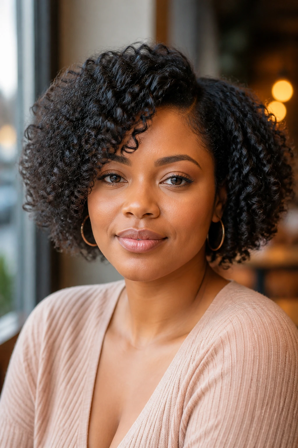 Close-up portrait of a real woman with a layered wash-and-go bob showing chin-length layers.