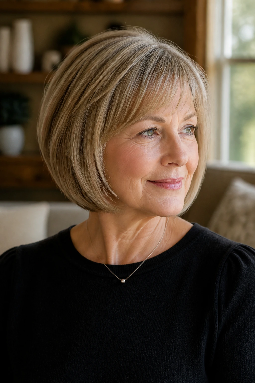 Woman with layered bob-pageboy hybrid hairstyle in a cozy living room.