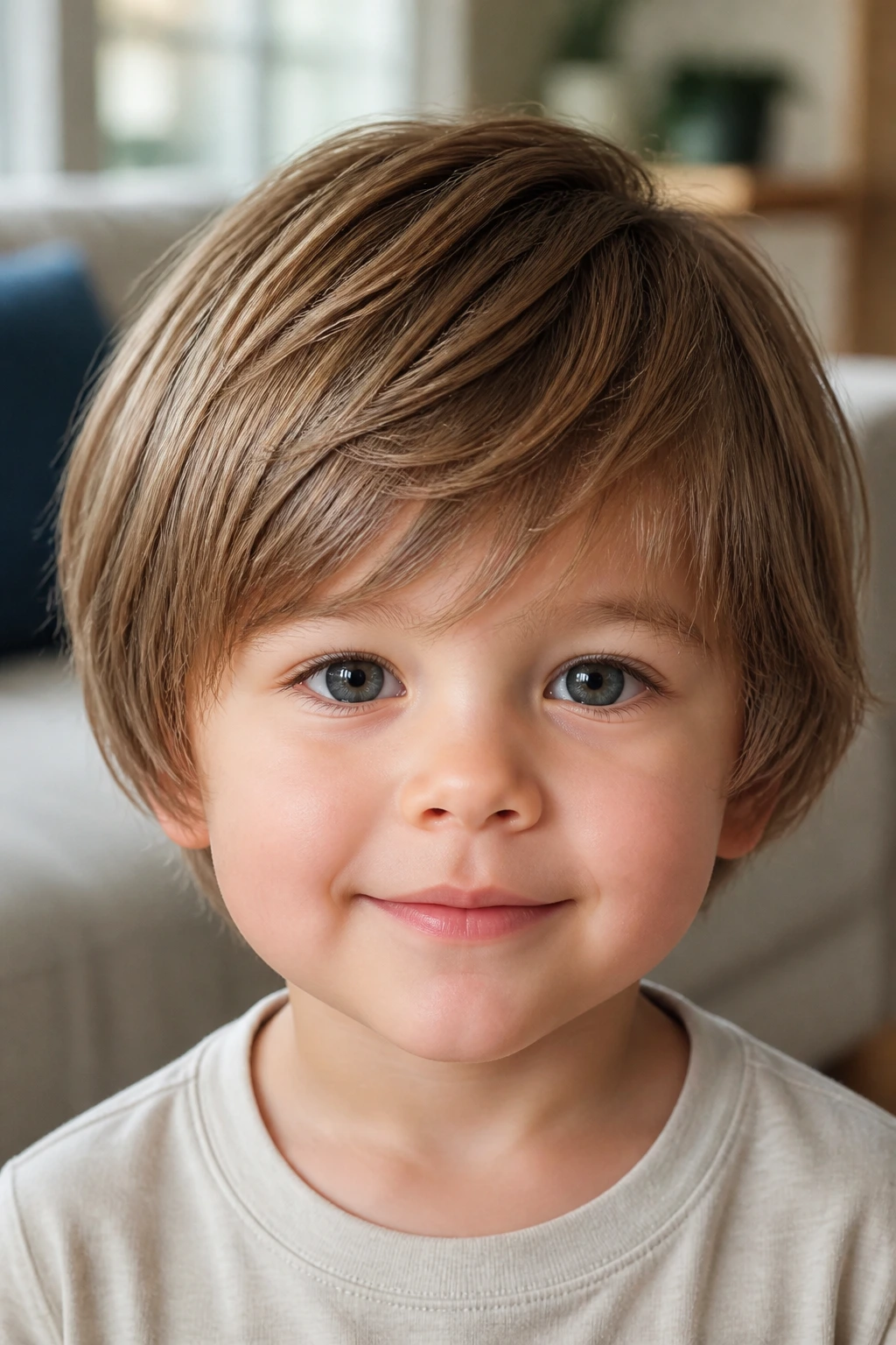 Close-up toddler boy with layered bob and point-cut ends