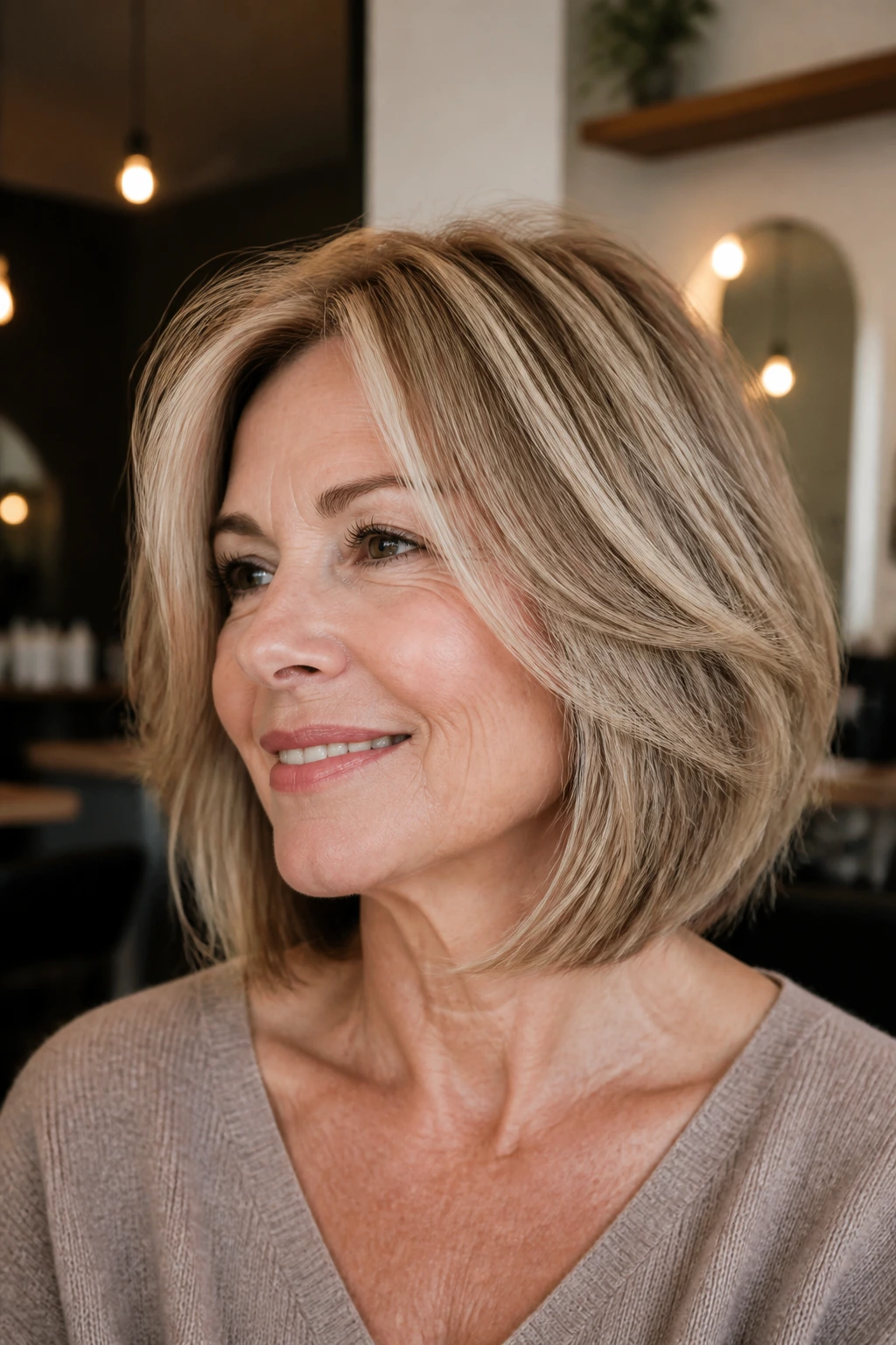 Portrait of a real woman with a structured layered bob showing backbone and shape