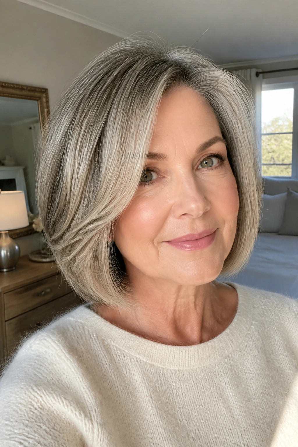 Portrait of a real woman with a polished layered bob in a sunlit room.