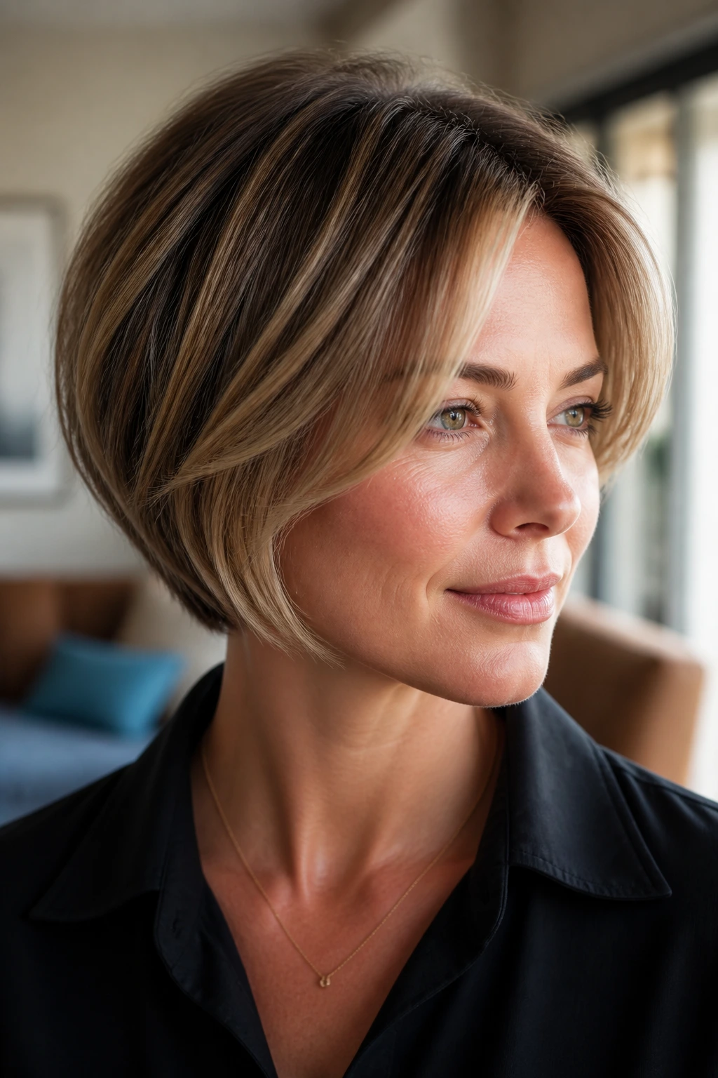 Close-up portrait of a real woman with layered bob showing face-framing layers and crown lift