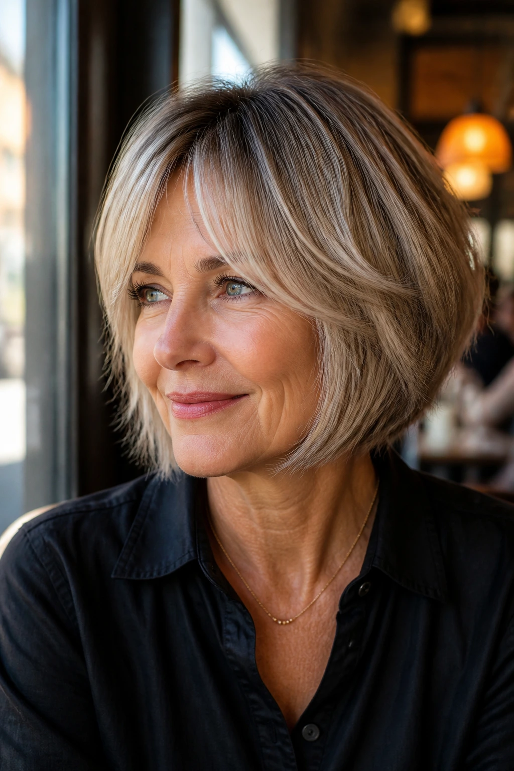 Close-up of a real woman with layered bob shag and curtain bangs