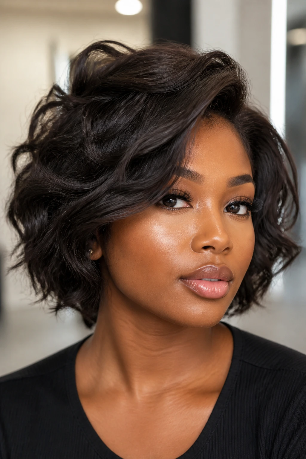 Portrait showing layered wavy bob with varying lengths around crown and sides