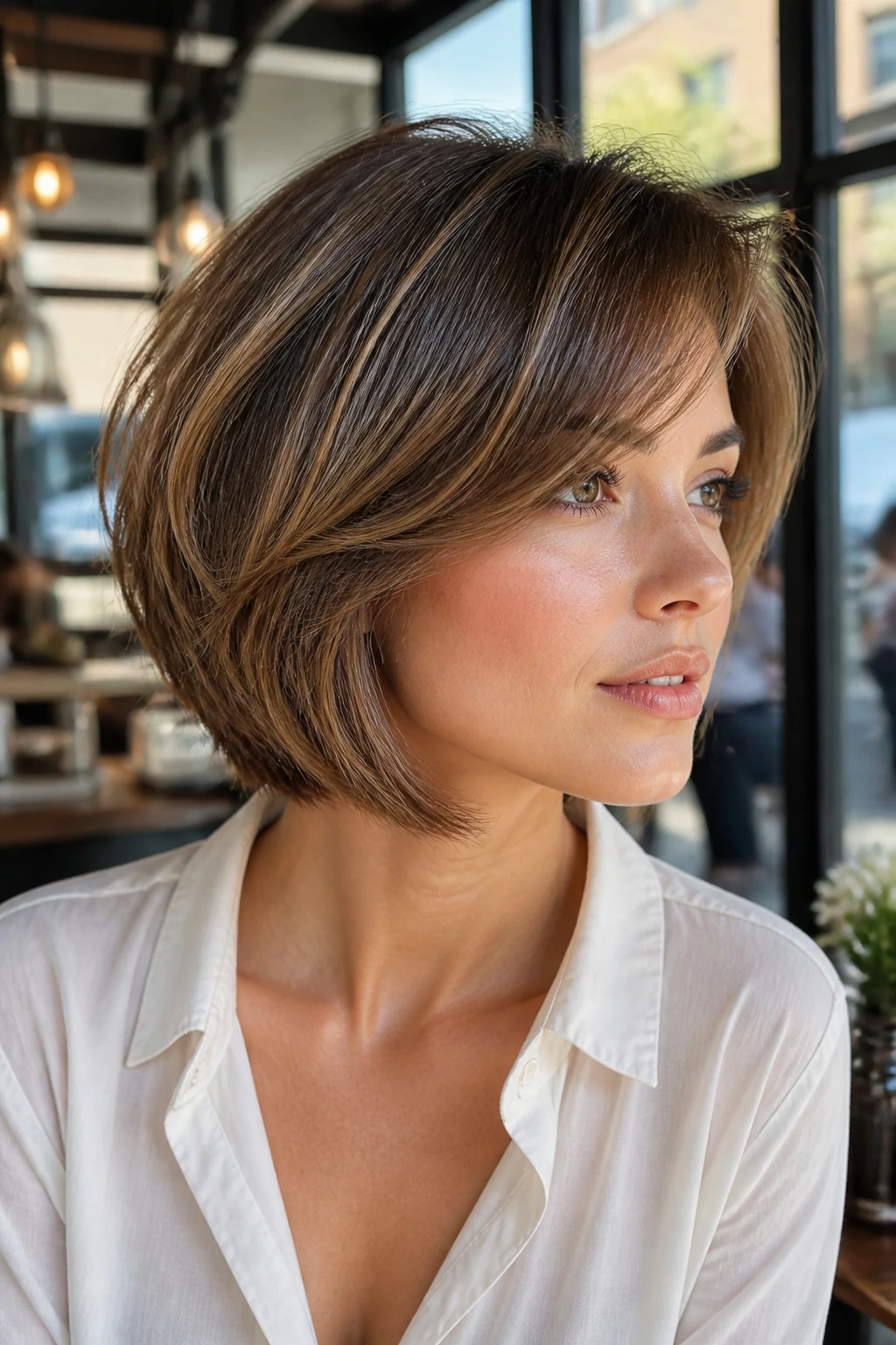 Close-up of a woman with dimensional layered bob and glossy ends