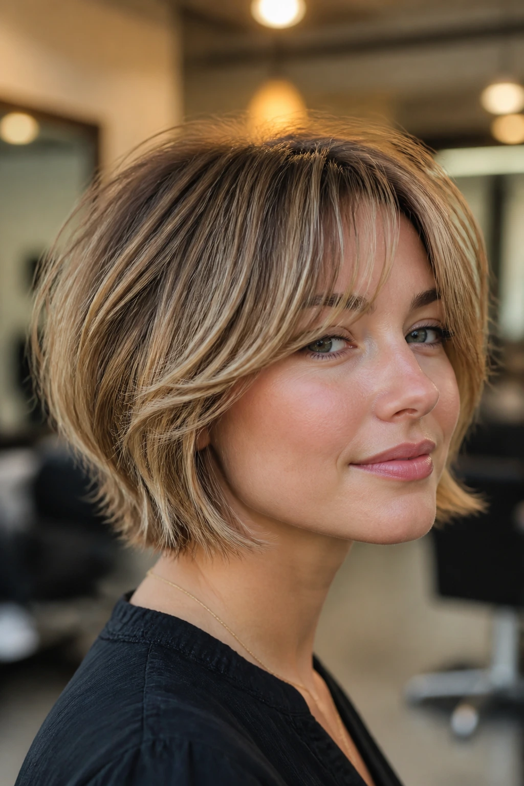 Close-up portrait of a real woman with a layered bob on short hair showing movement and lift in warm salon lighting