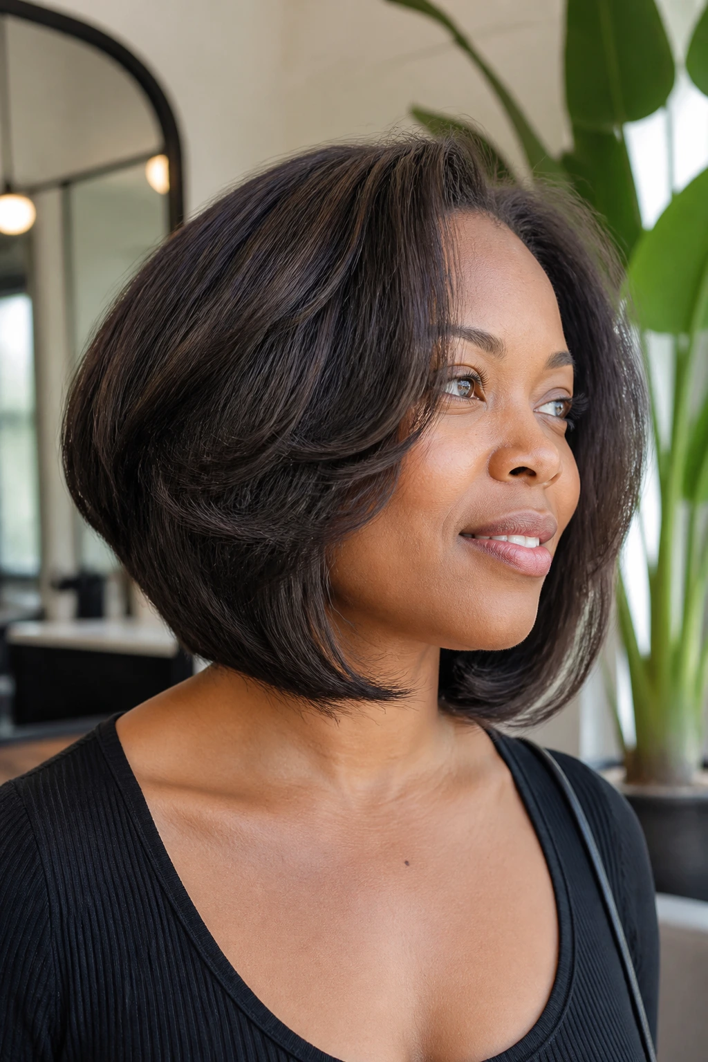 Close-up of real woman with layered bob showing shrinkage through layers