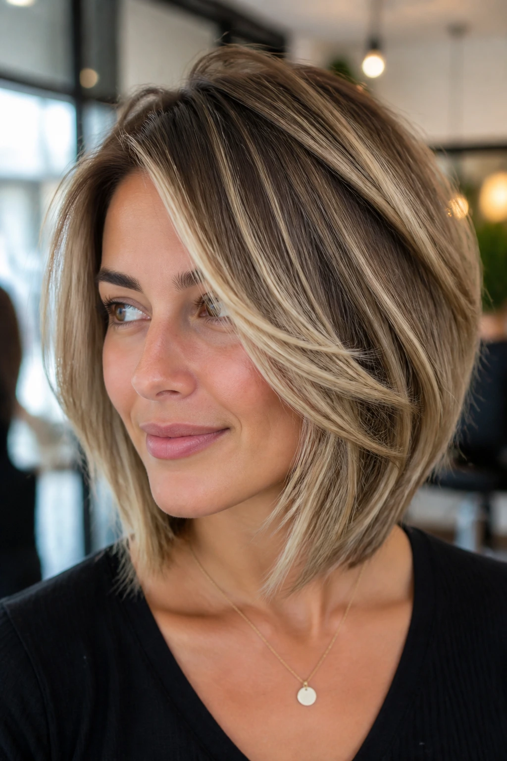 Close-up of a real woman with a layered bob featuring sliced blonde pieces.
