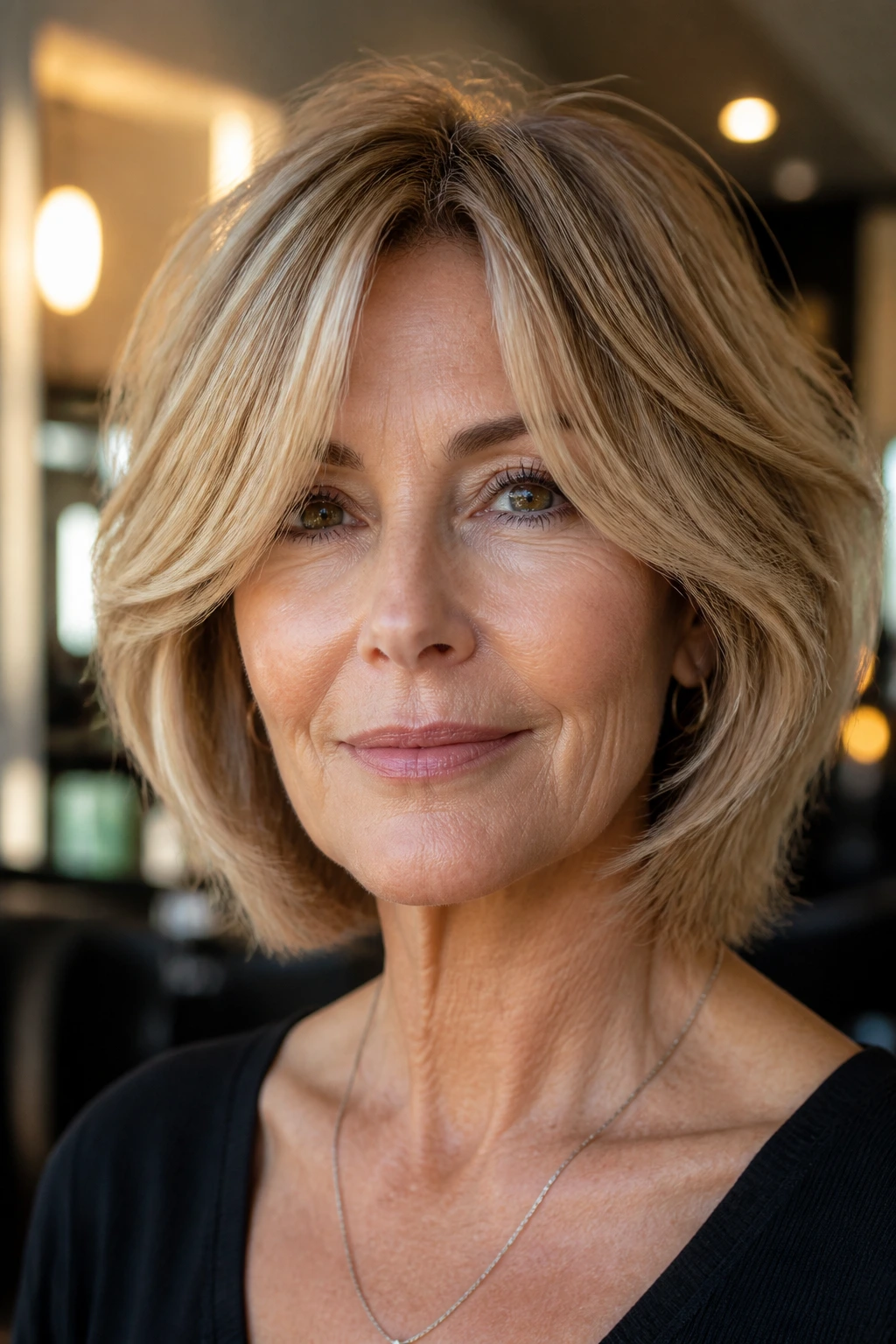 Close-up portrait of a woman with layered bob and swept-apart bangs in warm window light